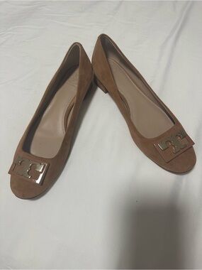 Tory Burch Tan Suede Logo Ballet Flats